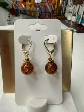Gold-Tone Amber Glass Orb Drop Earrings